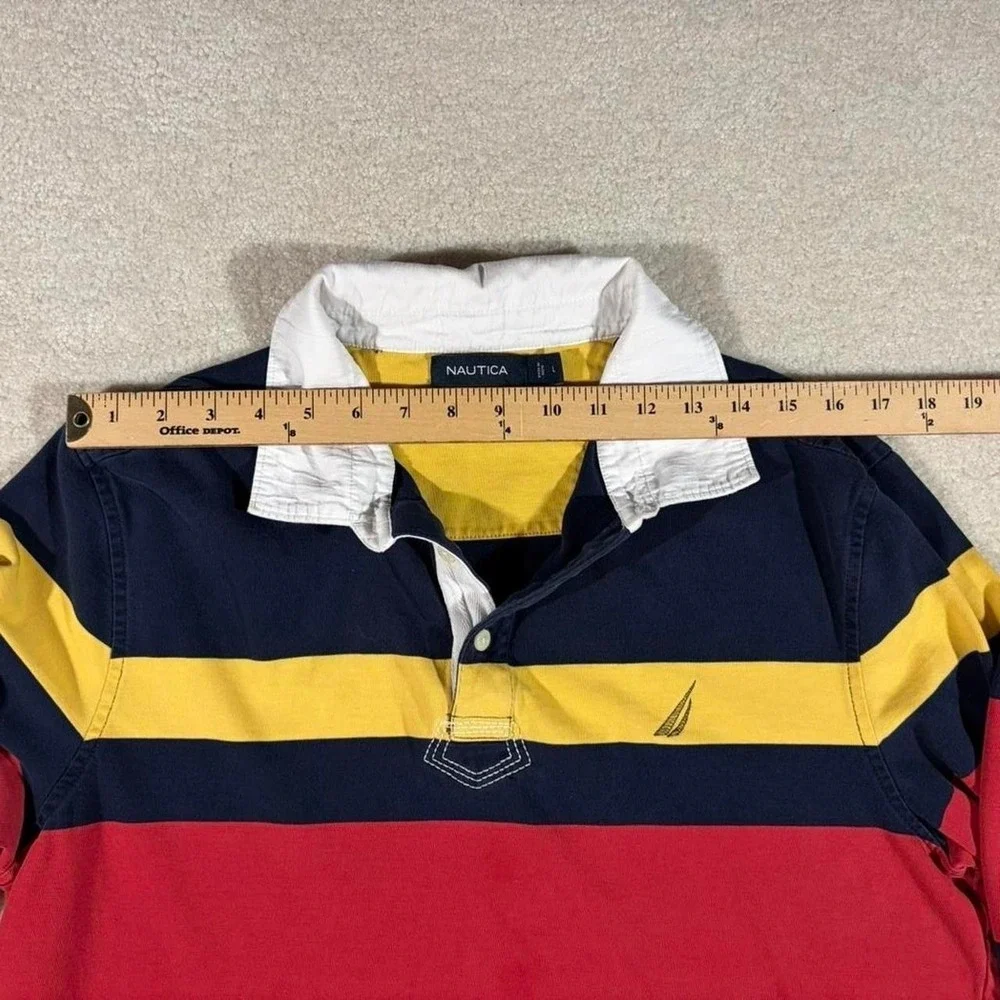 Nautica Rugby Shirt Mens‎ Large Blue Red Yellow Striped Long Sleeve Polo Vintage
